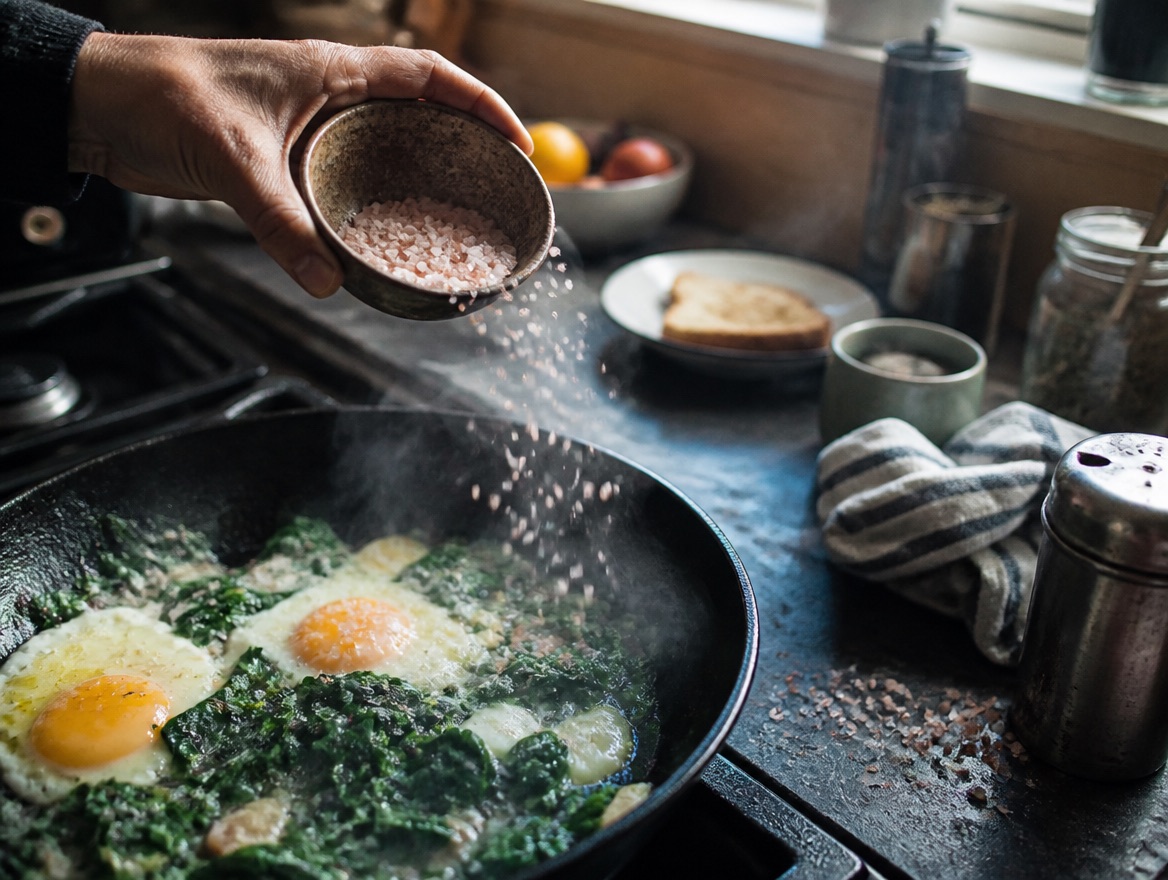 A hand tips a small wooden bowl of coarse pink Himalayan salt over a cast-iron pan of frying eggs and greens, steam rising, with a cluttered stovetop counter of jars, a shaker, and a dish towel in the background.