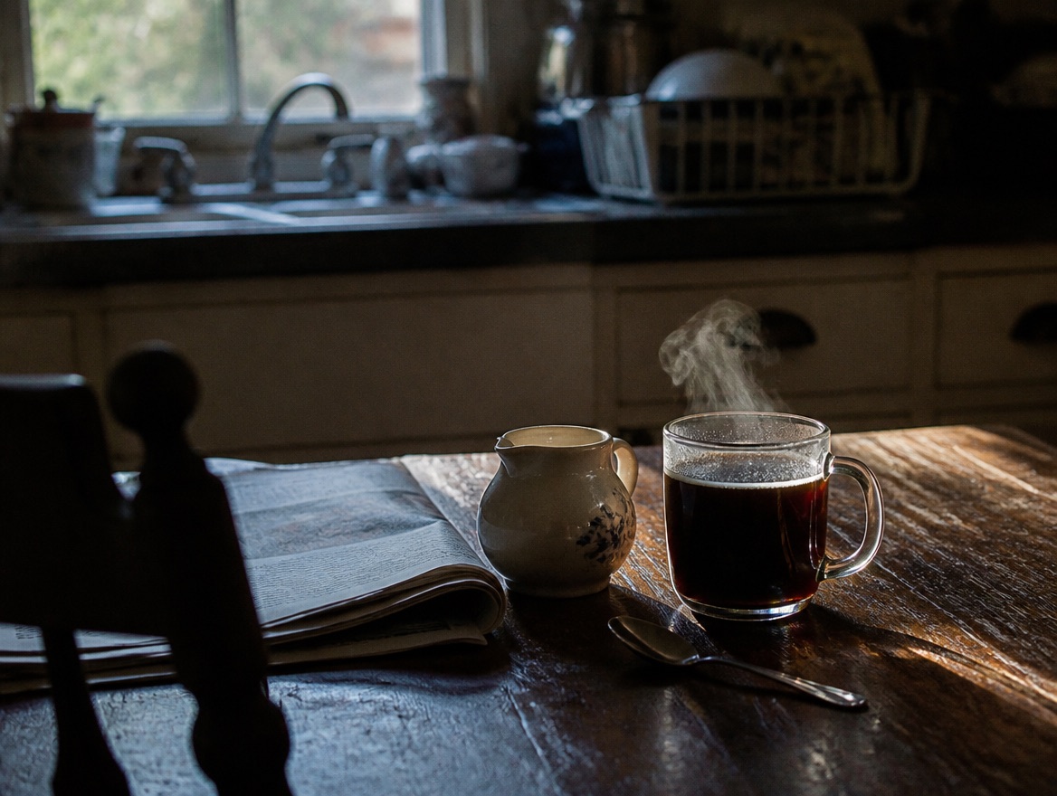 A glass mug of steaming black coffee sits on a worn wooden kitchen table beside a small ceramic cream jug, a spoon, and a folded newspaper, with a kitchen sink and dish rack blurred in the morning light behind it.