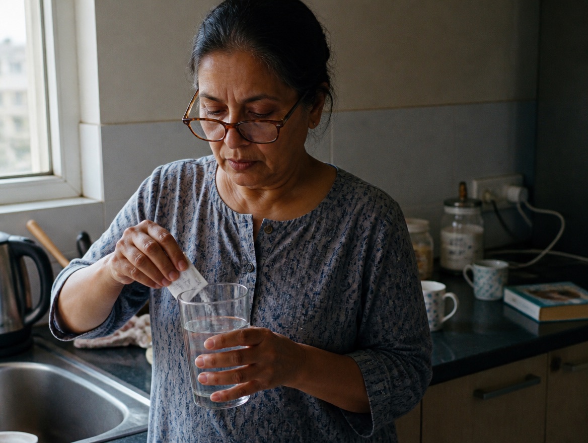 A South Asian woman in her early 60s wearing tortoiseshell reading glasses and a blue-grey patterned tunic tips a small white powder packet into a clear glass of water at her kitchen sink, daylight falling from a window to her left.