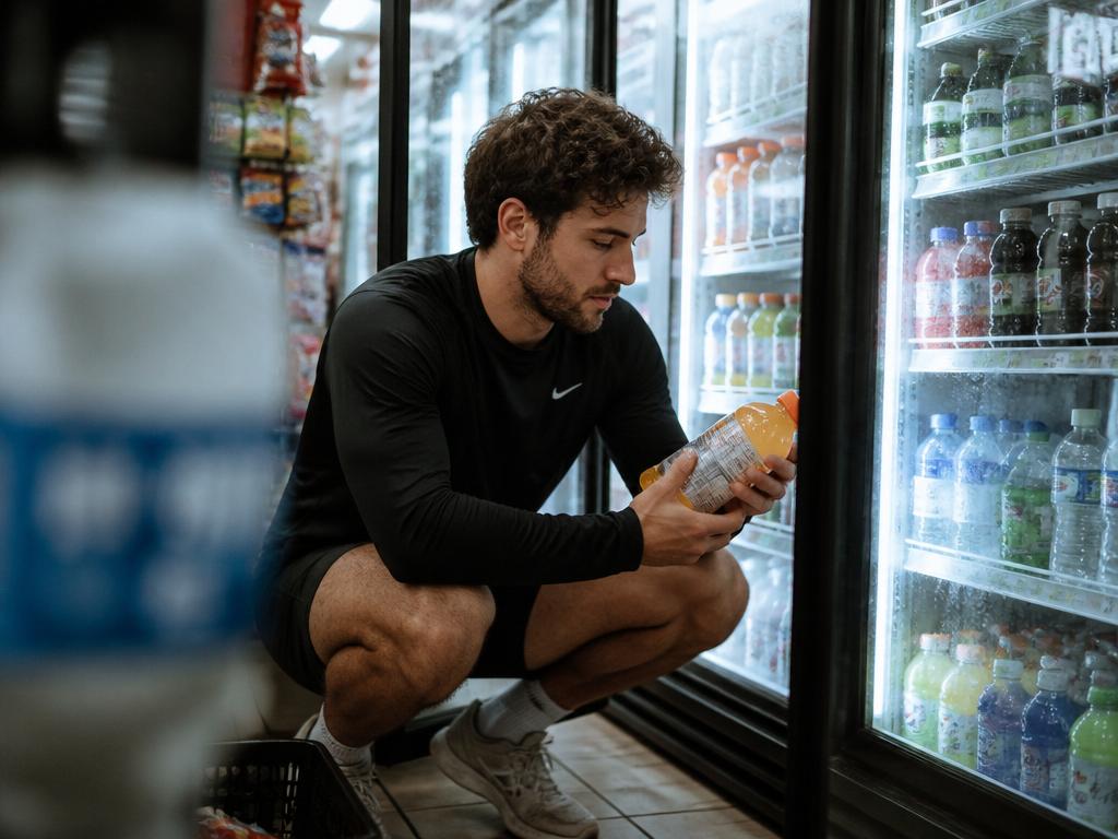 A man in athletic clothes crouches at a refrigerated cooler, turning a drink bottle to read its nutrition panel.