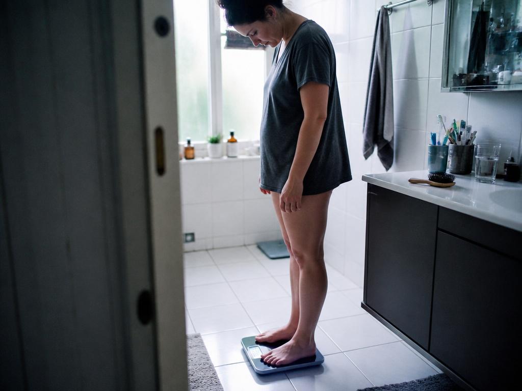 A woman stands barefoot on a digital bathroom scale in the morning, looking down at the readout in cool daylight.