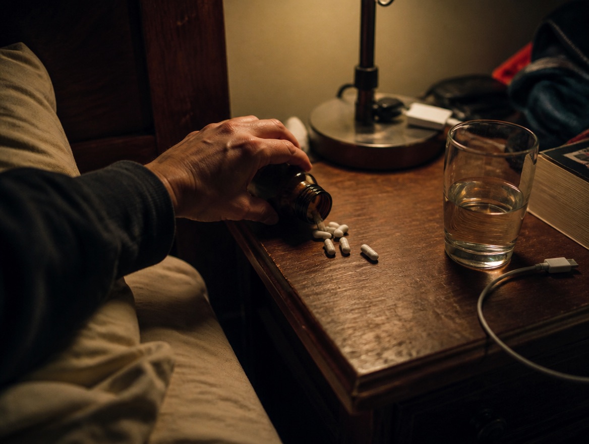 A hand tips magnesium supplement capsules out of an amber pill bottle onto a cluttered wooden nightstand at night, beside a glass of water, a lit lamp, a book, and a phone charger cord.