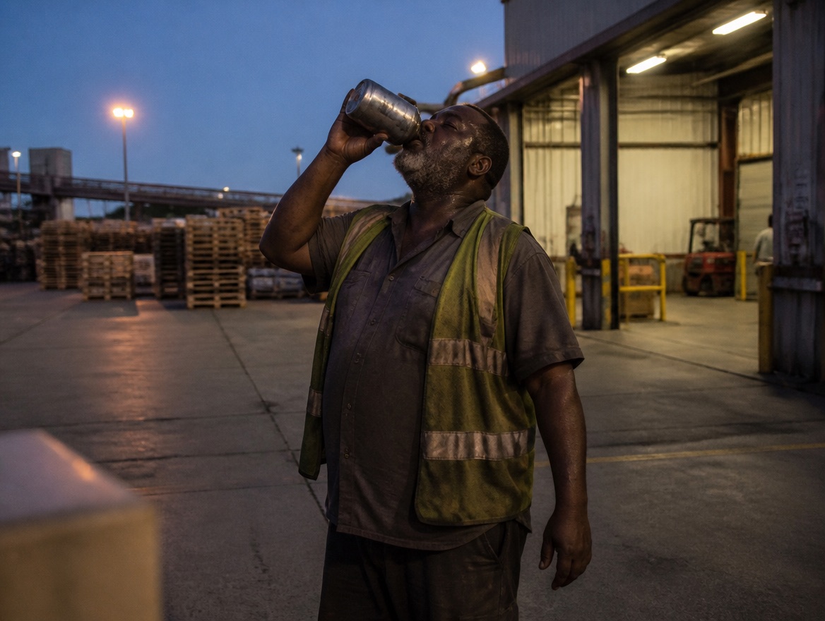 A heavyset Black man in his fifties with a grey beard, wearing a reflective-striped vest, tips his head back to drink from a metal can on a warehouse loading dock at dusk, with stacked pallets and floodlights behind him.